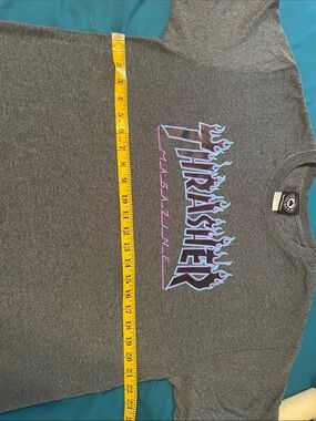 Thrasher Gray Tee with Purple and Teal Flame Logo